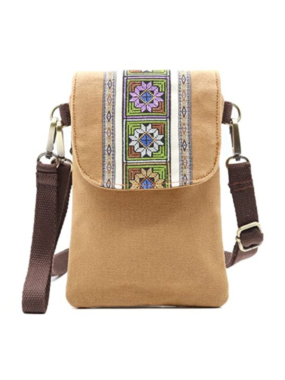 Boho Embroidered Canvas Cell Phone Crossbody Mini Bag Wristlet Pouch